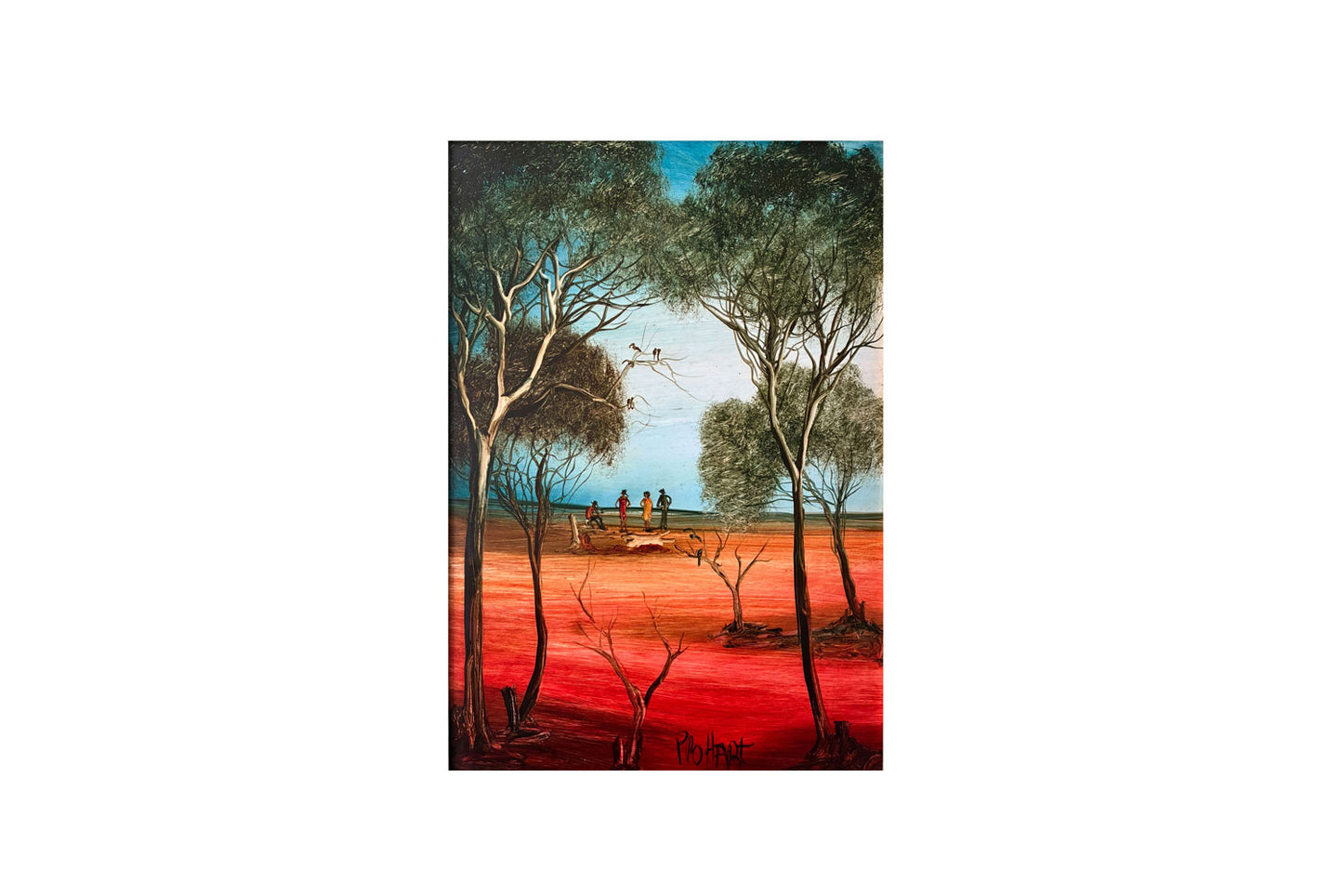 Pro Hart (1928-2006) - Large Original Oil Painting 'Figures in a Landscape' 44cm x 30cm