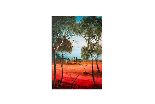 Pro Hart (1928-2006) - Large Original Oil Painting 'Figures in a Landscape' 44cm x 30cm
