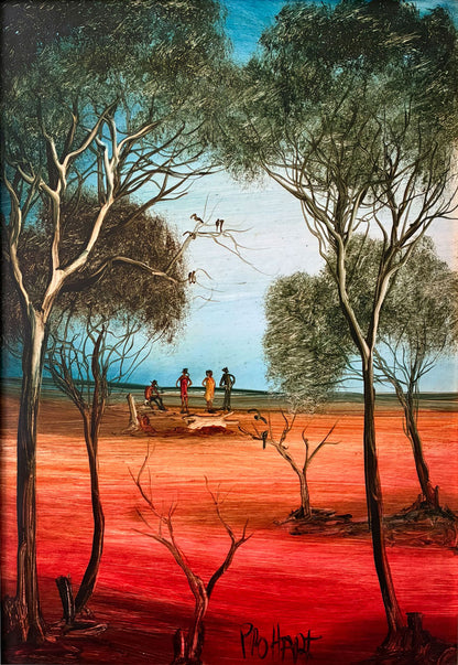 Pro Hart (1928-2006) - Large Original Oil Painting 'Figures in a Landscape' 44cm x 30cm