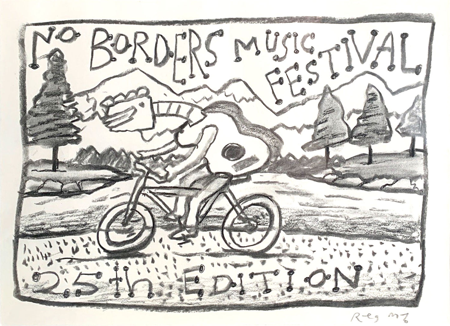 Reg Mombassa (1951-) Original Charcoal and Pencil On Paper 'No Border Music Festival' 17.5cm x 24cm