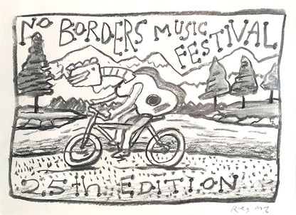 Reg Mombassa (1951-) Original Charcoal and Pencil On Paper 'No Border Music Festival' 17.5cm x 24cm
