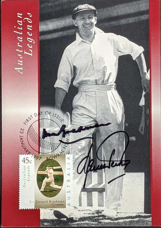 Don Bradman and Shane Warne Hand Signed Legends Card and Stamp Issue 1997