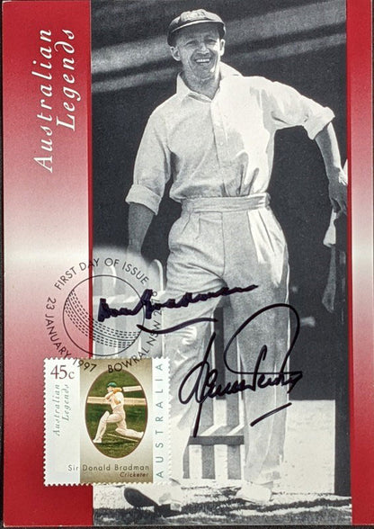 Don Bradman and Shane Warne Hand Signed Legends Card and Stamp Issue 1997