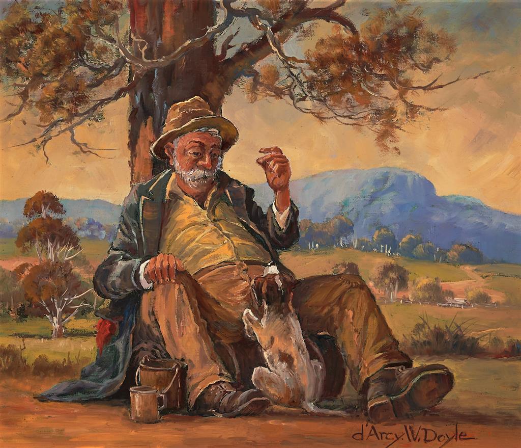 D'Arcy Doyle (1932-2001) Large Original Oil Painting on Board 'Swagman and his Dog' 24.5cm x 29.5cm