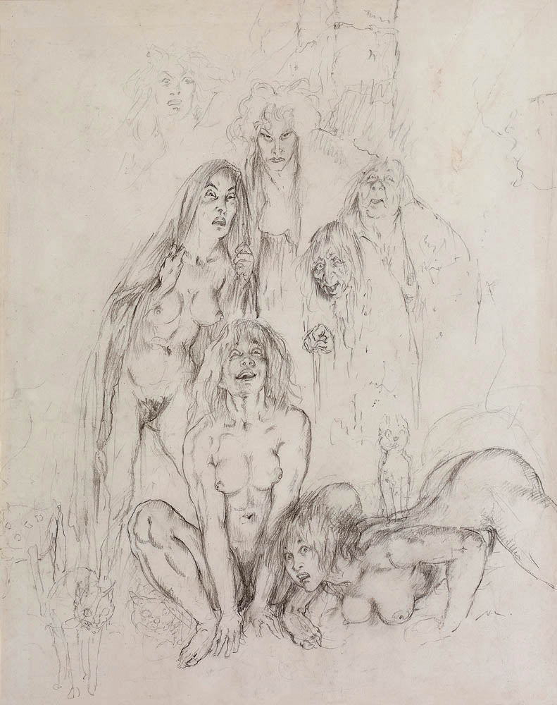 Norman Lindsay (1879-1969) - Large Original Signed Pencil Drawing 'All Hallows Night' 58cm x 44.5cm