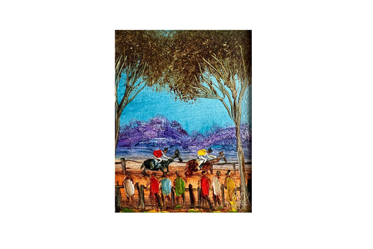 Pro Hart (1928-2006) - Original Oil Painting On Board 'The Horse Race' - 14.25cm x 11cm