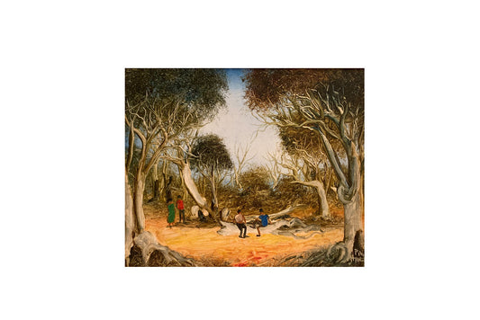 Pro Hart (1928-2006) - Large Original Oil Painting On Board 'Camp Site' - 23.5cm x 29cm