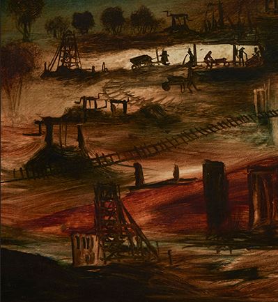 Pro Hart (1928-2006) - Very Large Original Oil Painting On Board 'Mining Scene' 29.5cm x 69cm