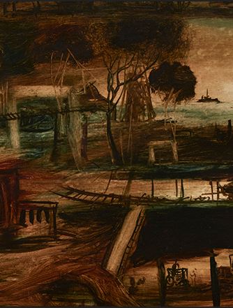 Pro Hart (1928-2006) - Very Large Original Oil Painting On Board 'Mining Scene' 29.5cm x 69cm