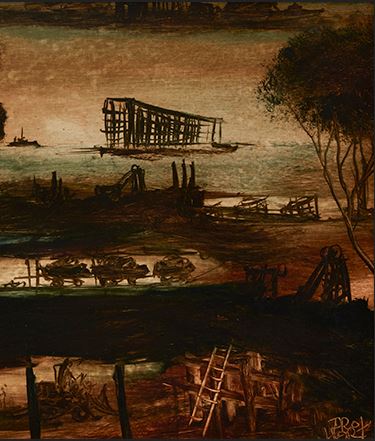 Pro Hart (1928-2006) - Very Large Original Oil Painting On Board 'Mining Scene' 29.5cm x 69cm