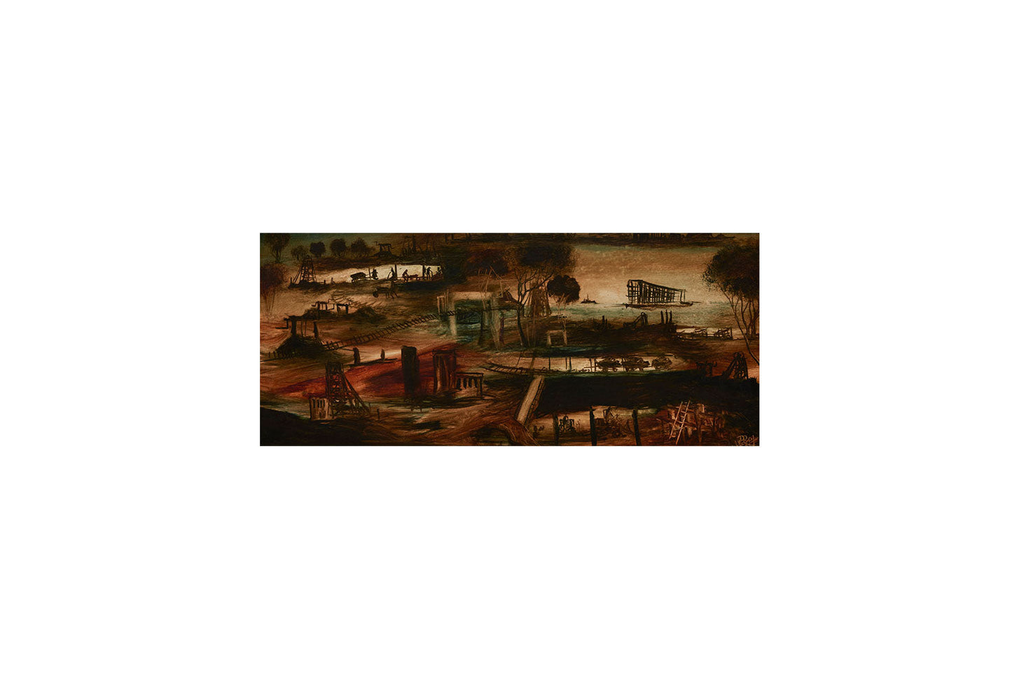 Pro Hart (1928-2006) - Very Large Original Oil Painting On Board 'Mining Scene' 29.5cm x 69cm