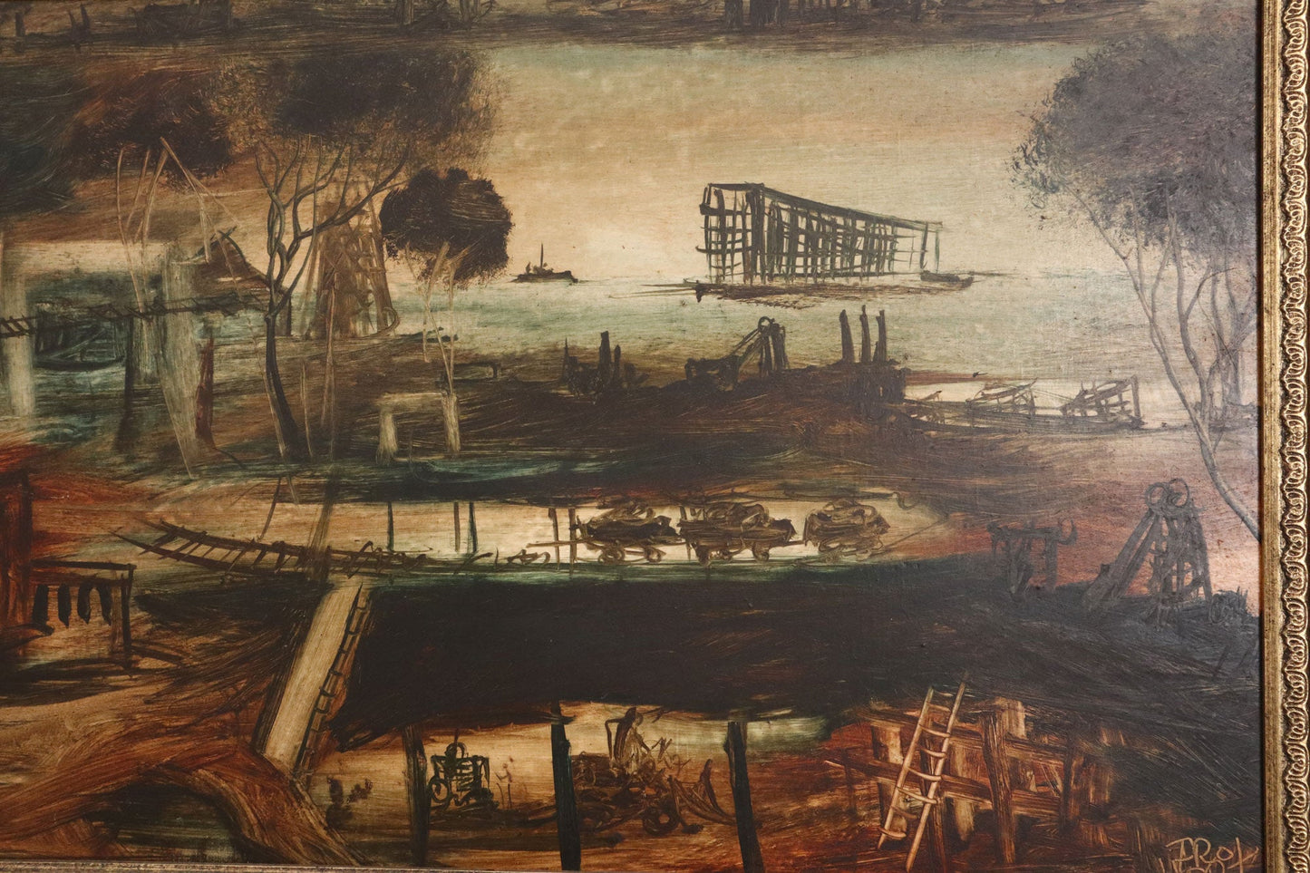 Pro Hart (1928-2006) - Very Large Original Oil Painting On Board 'Mining Scene' 29.5cm x 69cm