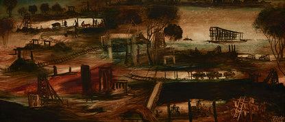 Pro Hart (1928-2006) - Very Large Original Oil Painting On Board 'Mining Scene' 29.5cm x 69cm