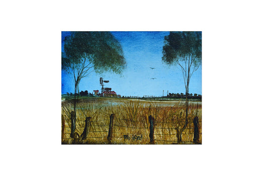 Pro Hart (1928-2006) - Original Oil Painting 'Farm Landscape' - 29cm x 29cm