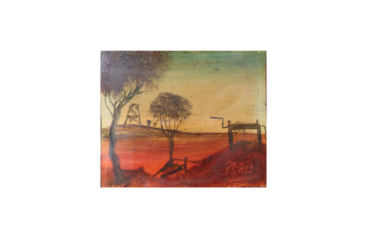 Pro Hart (1928-2006) - Original Oil Painting On Board 'Mining Scene' 10cm x 8cm