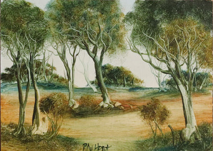 Pro Hart (1928-2006) - Original Oil Painting On Board 'Bush Landscape' - 18.5cm x 25.5cm