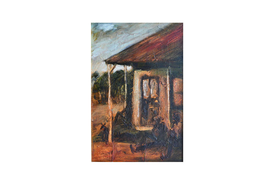 Pro Hart (1928-2006) - Large Original Oil Painting On Board 'Figures on an Outback Veranda' 42cm x 28cm