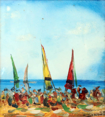 Pro Hart (1928-2006) - Original Oil Painting On Board 'Beach Scene' - 20cm x 18cm