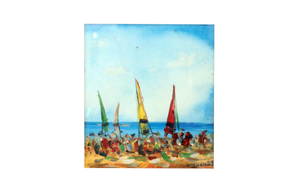 Pro Hart (1928-2006) - Original Oil Painting On Board 'Beach Scene' - 20cm x 18cm