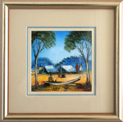 Pro Hart (1928-2006) - Original Oil Painting On Board 'Favourite Camping Spot' - 19.5cm x 19.5cm