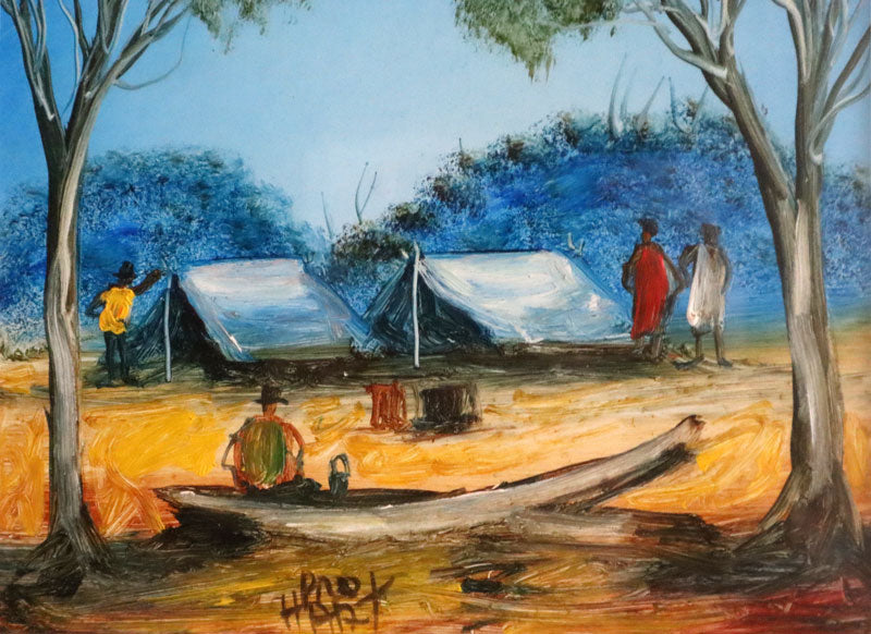Pro Hart (1928-2006) - Original Oil Painting On Board 'Favourite Camping Spot' - 19.5cm x 19.5cm