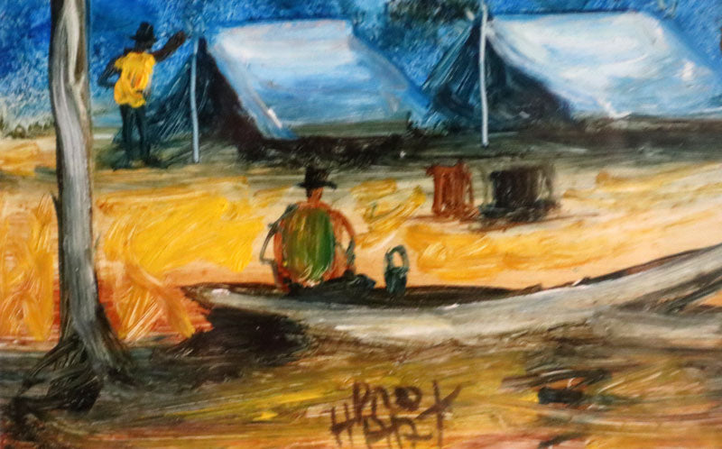 Pro Hart (1928-2006) - Original Oil Painting On Board 'Favourite Camping Spot' - 19.5cm x 19.5cm