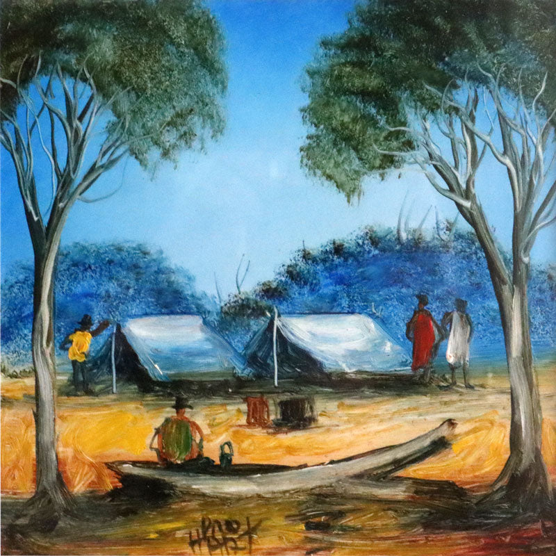 Pro Hart (1928-2006) - Original Oil Painting On Board 'Favourite Camping Spot' - 19.5cm x 19.5cm