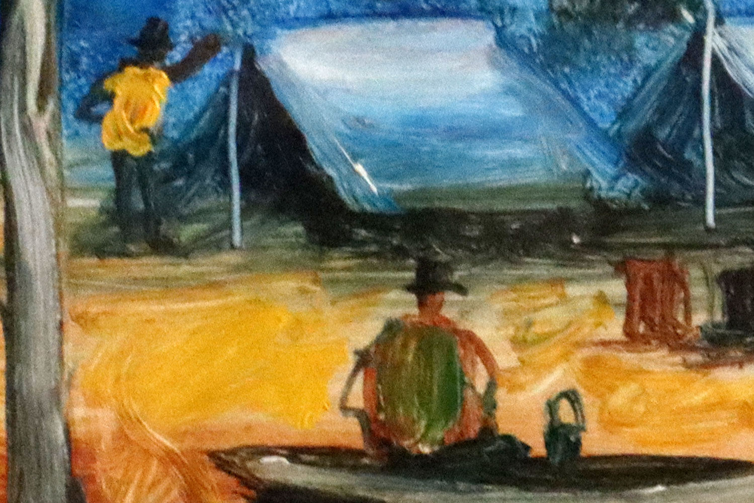Pro Hart (1928-2006) - Original Oil Painting On Board 'Favourite Camping Spot' - 19.5cm x 19.5cm