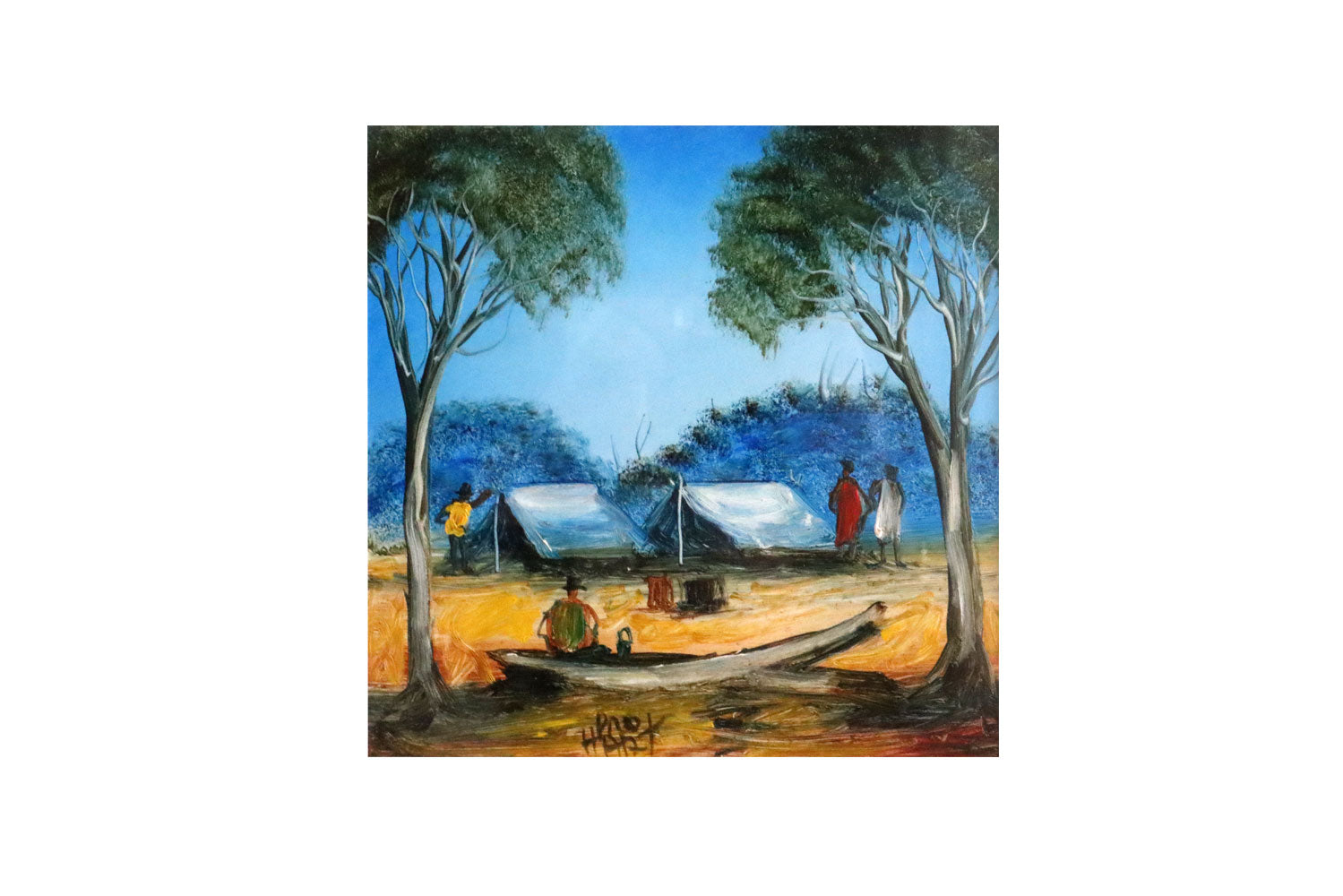 Pro Hart (1928-2006) - Original Oil Painting On Board 'Favourite Camping Spot' - 19.5cm x 19.5cm