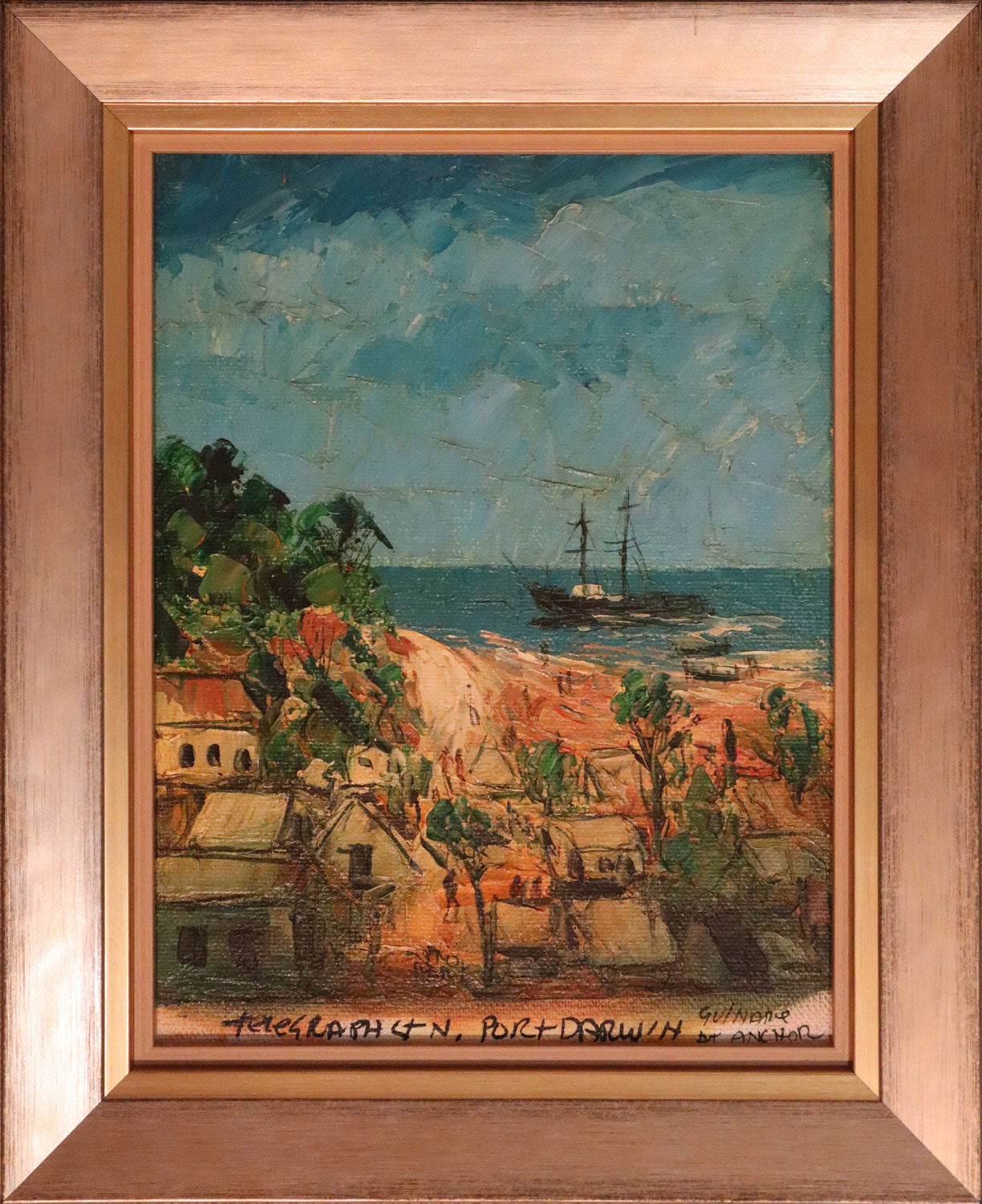 Pro Hart (1928-2006) - Large Original Oil Painting On Board 'Gulnare, Port Darwin' - 33cm x 25cm
